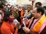 Nadda holds door-to-door campaign in Bareilly, ahead of assembly elections in Uttar Pradesh.&nbsp;(Twitter/@JPNadda)