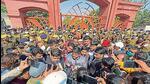 Congress leader Hardik Patel and NSUI national president Neeraj Kundan speaking to officials in Prayagraj on Saturday. (HT PHOTO)