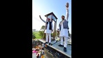 Samajwadi Party chief Akhilesh Yadav and Rashtriya Lok Dal president Jayant Chaudhary during a Rath Yatra at Delhi-Meerut Expressway in Ghaziabad on Saturday. (ANI) Samajwadi Party chief Akhilesh Yadav and Rashtriya Lok Dal president Jayant Chaudhary during a Rath Yatra at Delhi-Meerut Expressway in Ghaziabad on Saturday. (ANI)