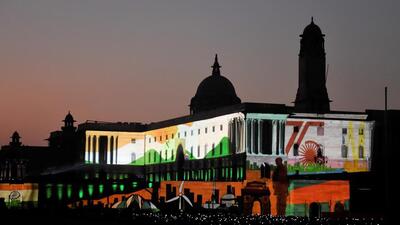A laser projection mapping show to commemorate 75 years of India's Independence during the 'Beating the Retreat' ceremony at Vijay Chowk in New Delhi onSaturday. (PTI PHOTO.) A laser projection mapping show to commemorate 75 years of India's Independence during the 'Beating the Retreat' ceremony at Vijay Chowk in New Delhi onSaturday. (PTI PHOTO.)