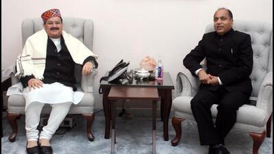 Himachal CM Jai Ram Thakur (right) with BJP national president JP Nadda at New Delhi on Friday. (HT Photo) Himachal CM Jai Ram Thakur (right) with BJP national president JP Nadda at New Delhi on Friday. (HT Photo)