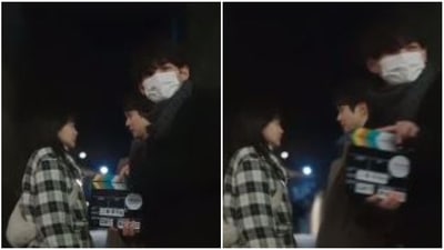 BTS's V with Kim Da-mi and Choi Woo-shik on the sets of Our Beloved Summer.