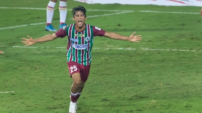 Kiyan Nassiri of ATK Mohun Bagan celebrates after scoring a goal, during match 75 of season 8 of Indian Super League football tournament between ATK Mohun Bagan and SC East Bengal, at the Fatorda Stadium, in Goa. (PTI) Kiyan Nassiri of ATK Mohun Bagan celebrates after scoring a goal, during match 75 of season 8 of Indian Super League football tournament between ATK Mohun Bagan and SC East Bengal, at the Fatorda Stadium, in Goa. (PTI)