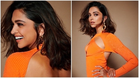With her short hair left untamed and soft-glam makeup, Deepika Padukone gave a sensuous pose for the camera in her orange cutout dress.(Instagram/@deepikapdukone)