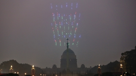 Drones seen during the practice session for upcoming Beating Retreat ceremony at Vijay Chowk in New Delhi, India, on Friday.