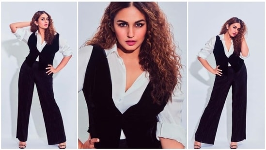 In another promotional event, Huma Qureshi was seen sporting a white shirt, black wasit coat and wide cut pants.(Instagram/@iamhumaq)