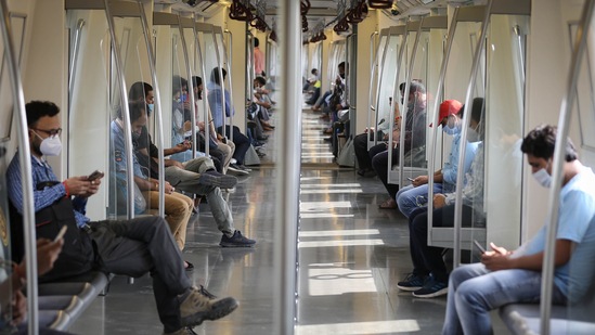 The Delhi Metro trains will run at 100 per cent seating capacity, with no provision for standing still in place.(Sanchit Khanna/HT file photo) The Delhi Metro trains will run at 100 per cent seating capacity, with no provision for standing still in place.(Sanchit Khanna/HT file photo)
