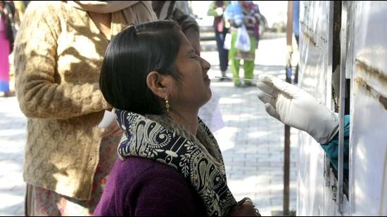 A health worker collecting swab samples for Covid-19 testing at Sector 45 in Chandigarh. The positivity rate in the tricity has not come down significantly despite a dip in cases. (Keshav Singh/HT)