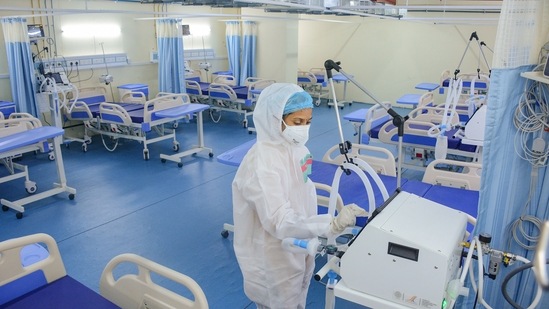 A health worker prepares a pediatric Covid-19 ward at a hospital, in preparation for potential Covid-19 spread among children, after schools reopened for all classes in Maharashtra, in Thane.(PTI) A health worker prepares a pediatric Covid-19 ward at a hospital, in preparation for potential Covid-19 spread among children, after schools reopened for all classes in Maharashtra, in Thane.(PTI)
