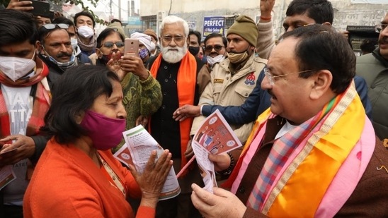 Nadda holds door-to-door campaign in Bareilly, ahead of assembly elections in Uttar Pradesh.&nbsp;(Twitter/@JPNadda)