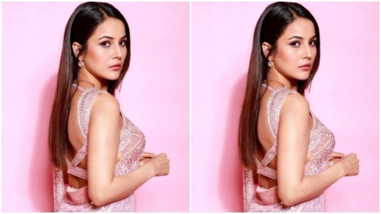 In a diamong necklace and earrings from the house of Anmoli Jewellers, Shehnaaz looked stunning.(Instagram/@shehnaazgill)