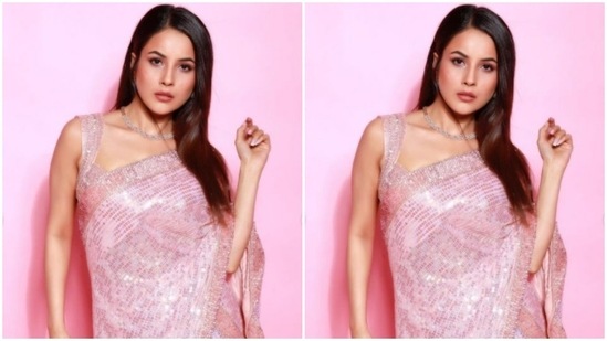 Assisted by makeup artist Ruby, Shehnaaz decked up in pink eyeshadow, mascara-laden eyelashes, black eyeliner, contoured cheeks and a shade of soft pink lipstick(Instagram/@shehnaazgill)
