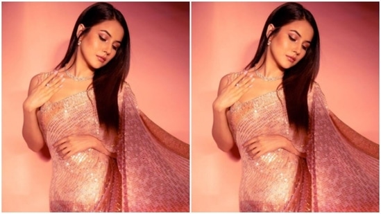 Shehnaaz played muse to fashion designer Manish Malhotra and picked a sequined pink saree for the pictures.(Instagram/@shehnaazgill)