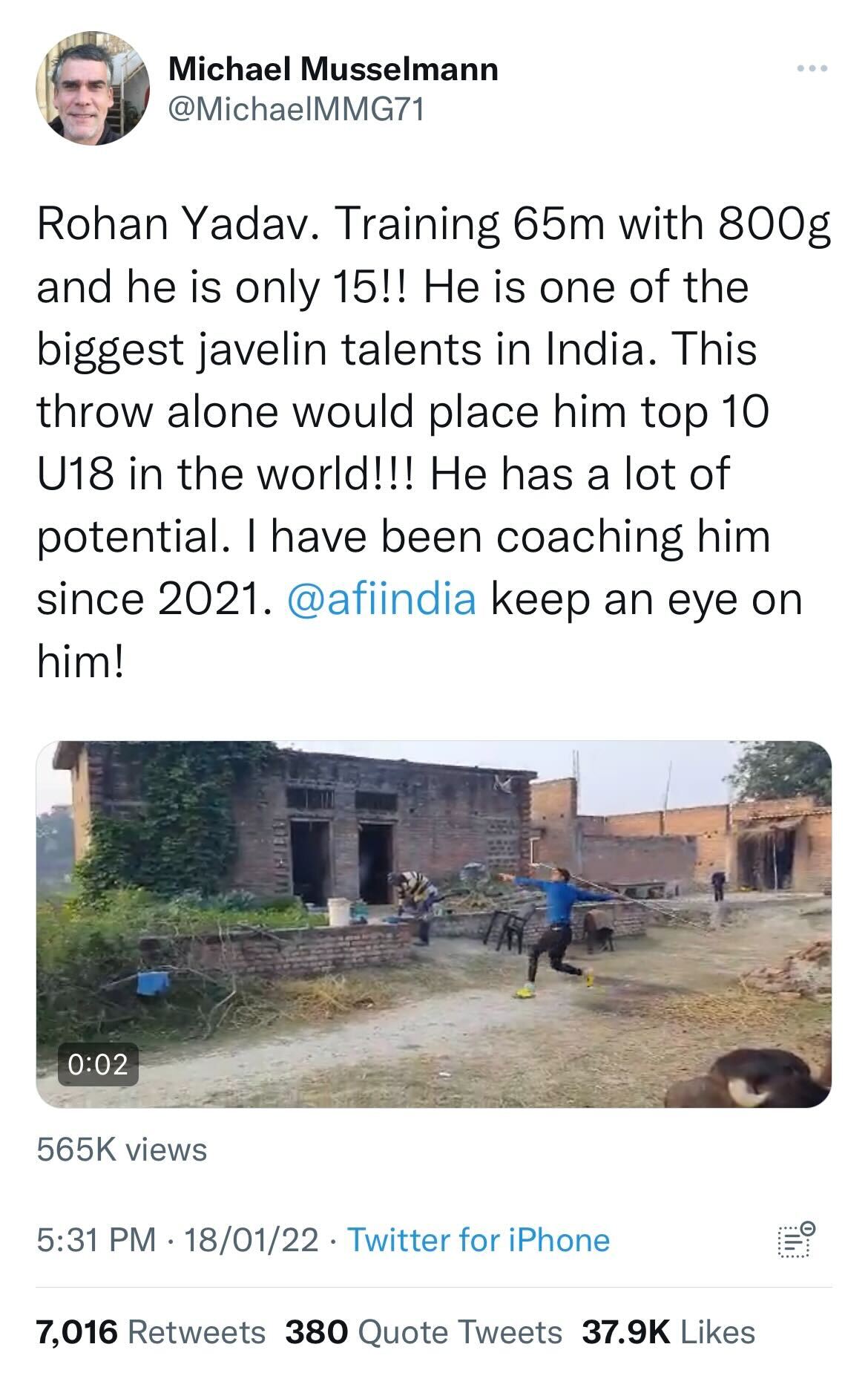 The viral tweet which touted Rohan Yadav as the next Neeraj Chopra The viral tweet which touted Rohan Yadav as the next Neeraj Chopra