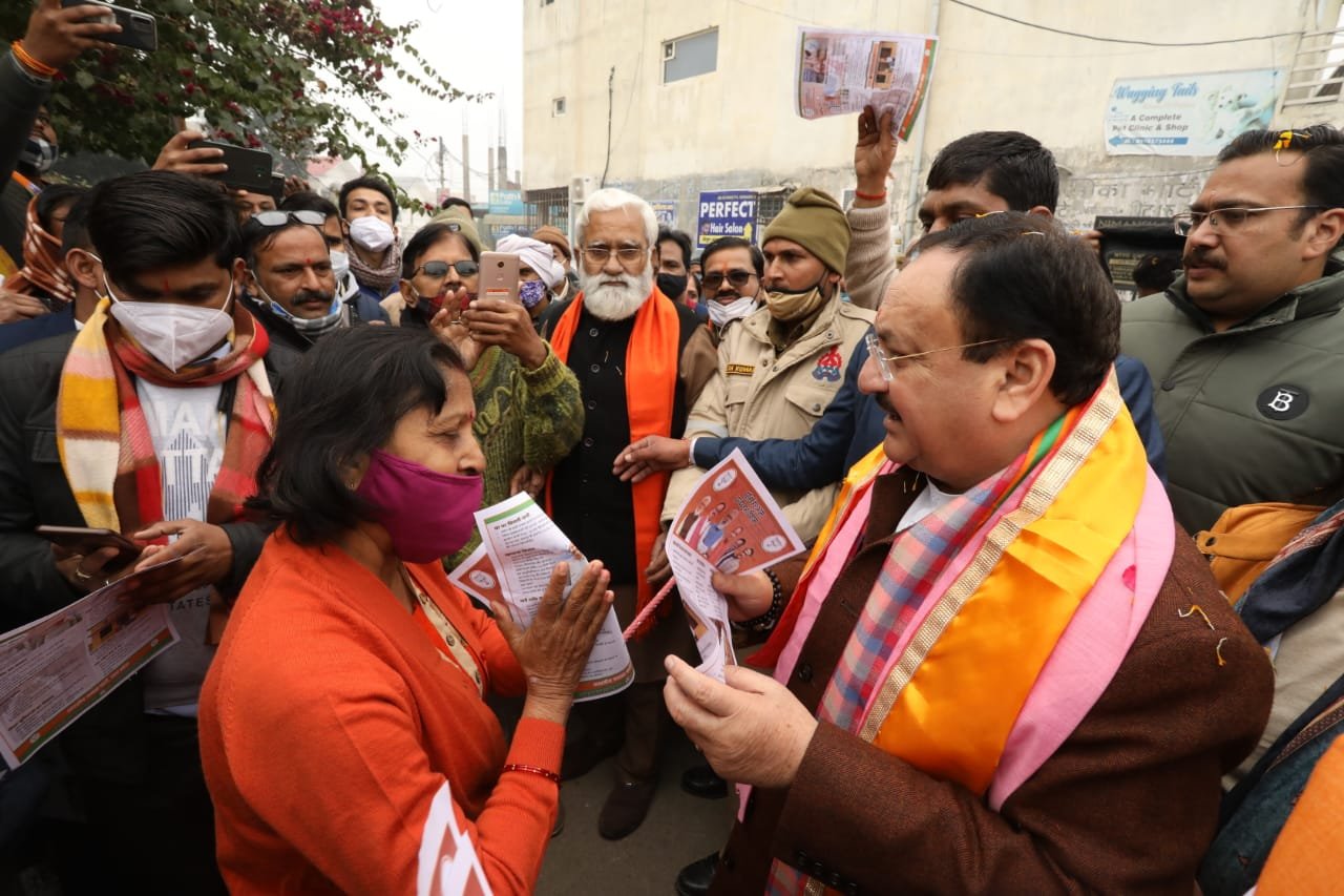 Nadda holds door-to-door campaign in Bareilly, ahead of assembly elections in Uttar Pradesh.&nbsp; (Twitter/@JPNadda)