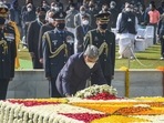 President Ram Nath Kovind pays tribute to Mahatma Gandhi at Rajghat on the occasion of Martyrs' Day, observed to mark the death anniversary of the father of the nation, in New Delhi. President Ram Nath Kovind pays tribute to Mahatma Gandhi at Rajghat on the occasion of Martyrs' Day, observed to mark the death anniversary of the father of the nation, in New Delhi.