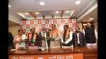 Rangnath Mishra, a former UP minister, being welcomed into the party fold by UP BJP chief Swatantra Dev in Lucknow on Saturday. (HT Photo)