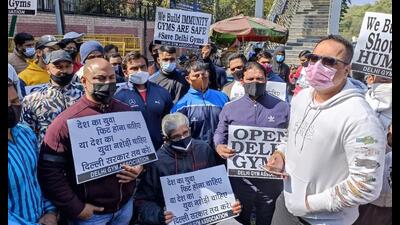Gym owners also staged another symbolic protest near Trauma Center, Civil Lines, on Saturday to demand for the reopening Gym owners also staged another symbolic protest near Trauma Center, Civil Lines, on Saturday to demand for the reopening
