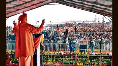 Uttar Pradesh Chief Minister Yogi Adityanath addressing a public rally, at Deoband, in Saharanpur on Tuesday. (ANI)