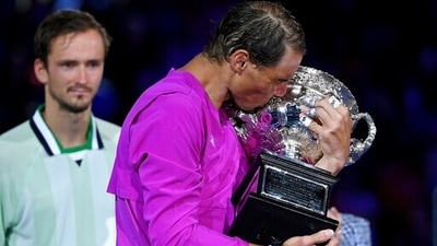 Rafael Nadal kisses the Norman Brookes Challenge Cup after defeating Daniil Medvedev in the men's singles final at the Australian Open (AP) Rafael Nadal kisses the Norman Brookes Challenge Cup after defeating Daniil Medvedev in the men's singles final at the Australian Open (AP)