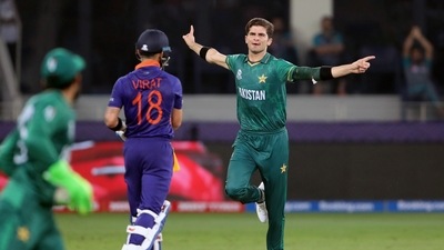 Pakistan's Shaheen Afridi celebrates the dismissal of the Indian skipper Virat Kohli during the ICC men's Twenty20 World Cup match between India and Pakistan, at Dubai International Stadium in Dubai. (ANI) Pakistan's Shaheen Afridi celebrates the dismissal of the Indian skipper Virat Kohli during the ICC men's Twenty20 World Cup match between India and Pakistan, at Dubai International Stadium in Dubai. (ANI)