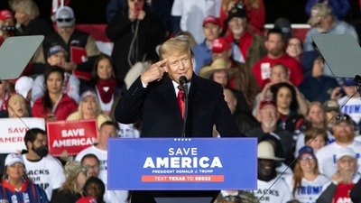 Former US President Donald Trump gestures as he speaks during a "Save America" rally in Conroe, Texas on January 29, 2022. (AFP)