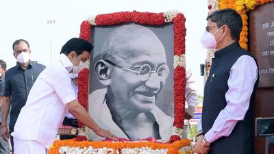 Chennai, Jan 30 (ANI): Tamil Nadu Chief Minister MK Stalin pays tributes to the portrait of Mahatma Gandhi on his 74th death anniversary, in Chennai on Sunday. (ANI Photo) Chennai, Jan 30 (ANI): Tamil Nadu Chief Minister MK Stalin pays tributes to the portrait of Mahatma Gandhi on his 74th death anniversary, in Chennai on Sunday. (ANI Photo) 