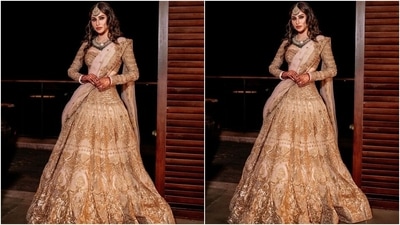 Mouni wore a beige and gold lehenga by ace-couturier Falguni Shane Peacock for her sangeet ceremony. The traditional outfit comes replete with nude tulle panels that balance the heavy embellishments of the ensemble. (Instagram/@imouniroy) Mouni wore a beige and gold lehenga by ace-couturier Falguni Shane Peacock for her sangeet ceremony. The traditional outfit comes replete with nude tulle panels that balance the heavy embellishments of the ensemble. (Instagram/@imouniroy)