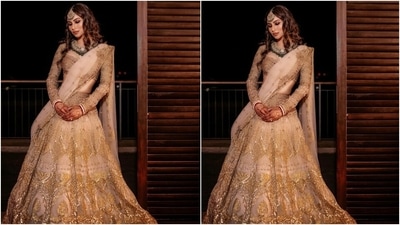 Mouni wore her Sangeet outfit with heavy jewellery. The actor opted for an emerald and gold necklace adorned with precious stones, a matching mang tikka and earrings. In the end, Mouni completed the jewel picks with traditional white and red bangles and gold bracelets. (Instagram/@imouniroy) Mouni wore her Sangeet outfit with heavy jewellery. The actor opted for an emerald and gold necklace adorned with precious stones, a matching mang tikka and earrings. In the end, Mouni completed the jewel picks with traditional white and red bangles and gold bracelets. (Instagram/@imouniroy)