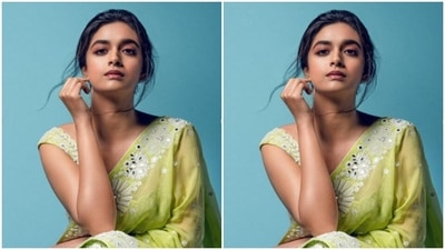 Keerthy accessorised her look with a statement silver necklace studded with soft blue stones from the shelves of Jatin Mor Jewels. (Instagram/@keerthysureshofficial)