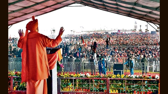 Uttar Pradesh Chief Minister Yogi Adityanath addressing a public rally, at Deoband, in Saharanpur on Tuesday. (ANI)
