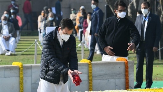 Congress leader Rahul Gandhi pays tribute to Mahatma Gandhi on his death anniversary at Rajghat. (Twitter@RahulGandhi)