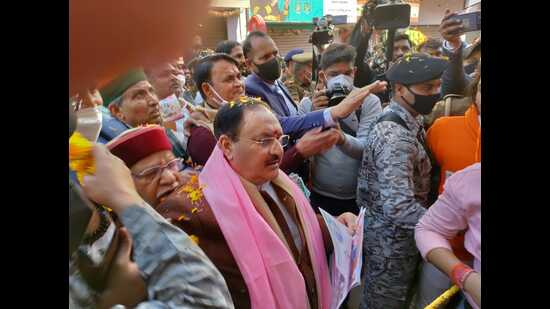 National president of BJP JP Nadda campaigning for party candidate in Shikohabad on Sunday. (HT)
