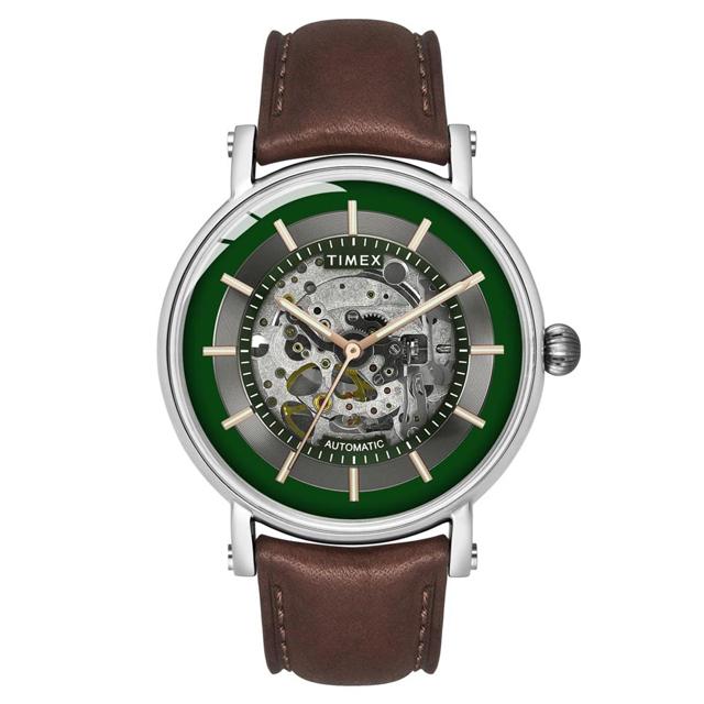 The men’s green dial, full skeleton automatic watch by TIMEX has a unique case-lug design The men’s green dial, full skeleton automatic watch by TIMEX has a unique case-lug design