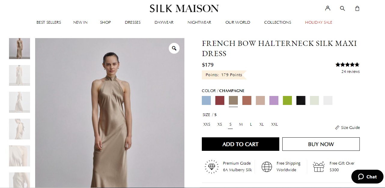 Gabriella Demetriades' champagne halter-neck silk maxi from Silk Maison &nbsp;(silkmaison.com)