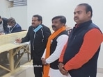SP Singh Baghel (third from right) files nomination as BJP candidate for Karhal assembly seat on Monday.(HT Photo)