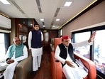 Samajwadi Party chief Akhilesh Yadav on his way to Karhal from Etawah to file his nomination paper for the upcoming Uttar Pradesh Assembly election on Monday.&nbsp;(Twitter/@yadavakhilesh)