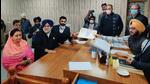 Shiromani Akali Dal president and former deputy chief minister Sukhbir Singh Badal, accompanied by wife and Bathinda MP Harsimrat Kaur Badal, filed his nomination papers from Jalalabad assembly constituency in Fazilka district on Monday. (Sanjeev Kumar/HT)