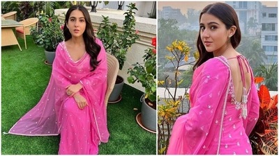 The gorgeous Sara Ali Khan has an incredible collection of stylish ethnic attires that every Indian girl would love to have in their closet. The actor once again made jaws drop and heads turn as she stepped out donning a fuschia pink gharara set by Sureena Chowdhri. (Instagram/@vandafashionagency) The gorgeous Sara Ali Khan has an incredible collection of stylish ethnic attires that every Indian girl would love to have in their closet. The actor once again made jaws drop and heads turn as she stepped out donning a fuschia pink gharara set by Sureena Chowdhri. (Instagram/@vandafashionagency)