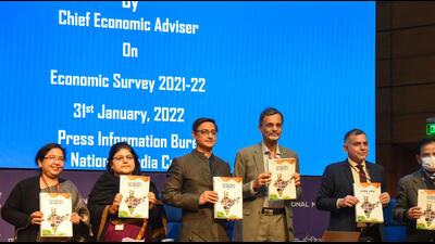 Chief Economic Advisor V Anantha Nageswaran along with his team after the Economic Survey 2021-22 was tabled in both the Houses of Parliament in New Delhi on Monday. (PTI PHOTO.) Chief Economic Advisor V Anantha Nageswaran along with his team after the Economic Survey 2021-22 was tabled in both the Houses of Parliament in New Delhi on Monday. (PTI PHOTO.)