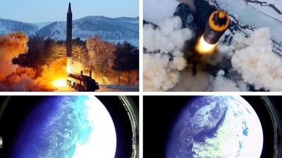 Pictures reportedly taken from outer space with a camera at the warhead of Hwasong-12 "intermediate and long-range ballistic missile".. (via Reuters)