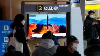 People watch a TV showing an image of North Korea's missile launch during a news program at the Seoul Railway Station in Seoul, South Korea. (AP) People watch a TV showing an image of North Korea's missile launch during a news program at the Seoul Railway Station in Seoul, South Korea. (AP)