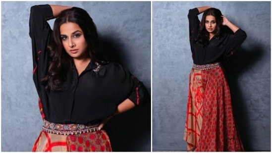 In an earlier Instagram post, Vidya Balan was seen posing in a black shirt and red printed asymmetrical skirt.&nbsp;(Instagram/@vidyabalan)