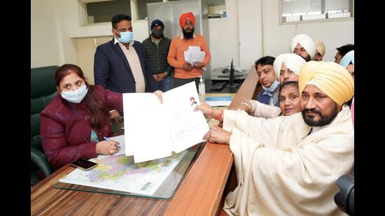 Punjab chief minister Charanjit Singh Channi filing nomination papers from the Bhadaur constituency on Monday.