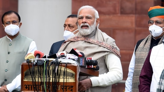 PM Modi addresses the media on the first day of Budget Session, at Parliament building, in New Delhi, India, on January 31, 2022.&nbsp;(Arvind Yadav/HT Photo)