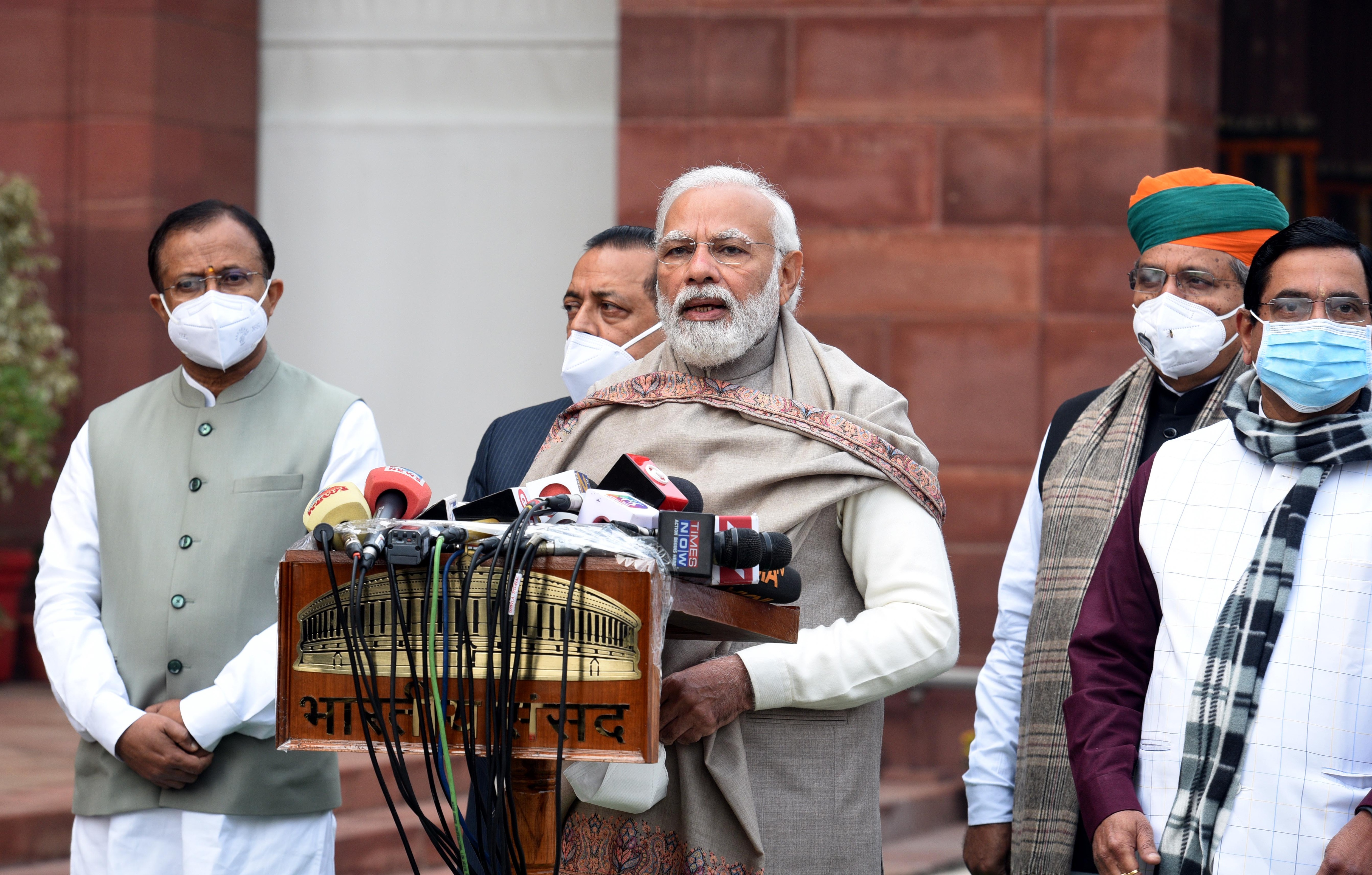 PM Modi addresses the media on the first day of Budget Session, at Parliament building, in New Delhi, India, on January 31, 2022. (Arvind Yadav/HT Photo) PM Modi addresses the media on the first day of Budget Session, at Parliament building, in New Delhi, India, on January 31, 2022. (Arvind Yadav/HT Photo)