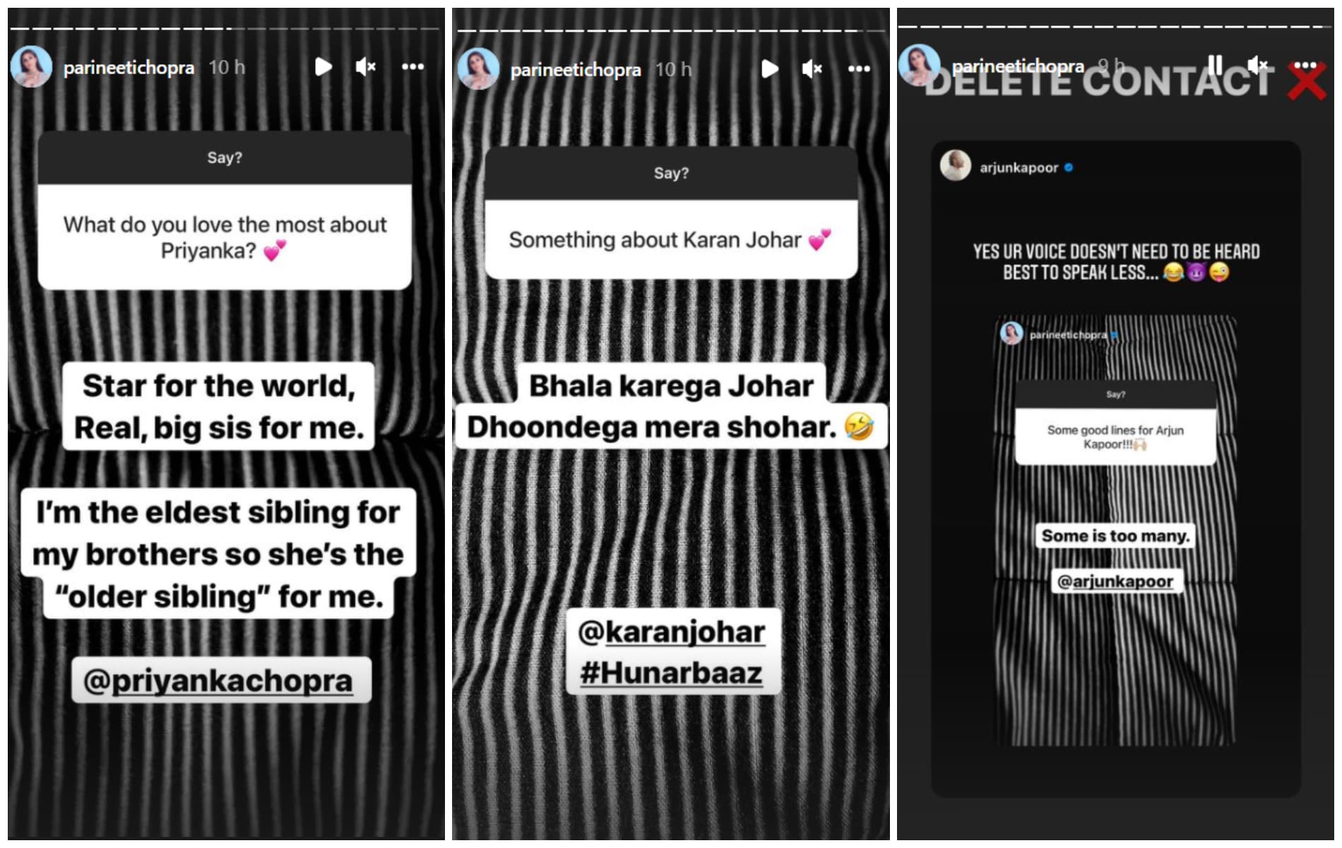 Parineeti Chopra talked about Priyanka Chopra, Karan Johar and Arjun Kapoor during an AMA on Instagram.