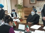 Shiromani Akali Dal patriarch and former chief minister Parkash Singh Badal after submitting his documents to the returning officer in Malout town on Monday. (HT Photo)