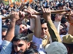 Bharatiya Janata Party (BJP) supporters stage a protest against the state government over the REET paper leak, at Civil Lines, in Jaipur. Bharatiya Janata Party (BJP) supporters stage a protest against the state government over the REET paper leak, at Civil Lines, in Jaipur.