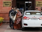 Finance minister Nirmala Sitharaman arrives at the finance ministry before presenting the federal budget in Parliament in New Delhi, February 1, 2022.&nbsp;